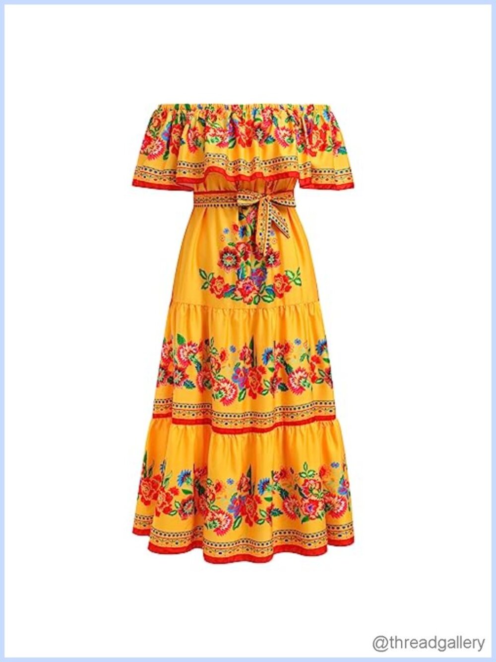 Mexican Off Shoulder Floral Maxi Dress with Belt Summer Beach Party